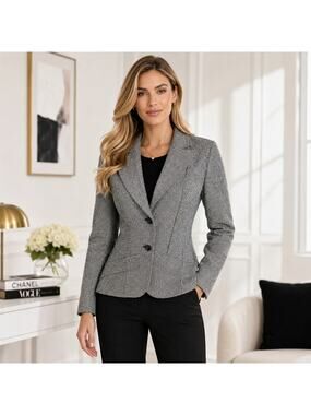 Sandra Angelozzi SZ 10 Wool Blend Black White Herringbone Single Breased Blazer